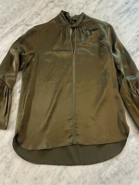 Silky Olive Green Long-Sleeve Blouse
